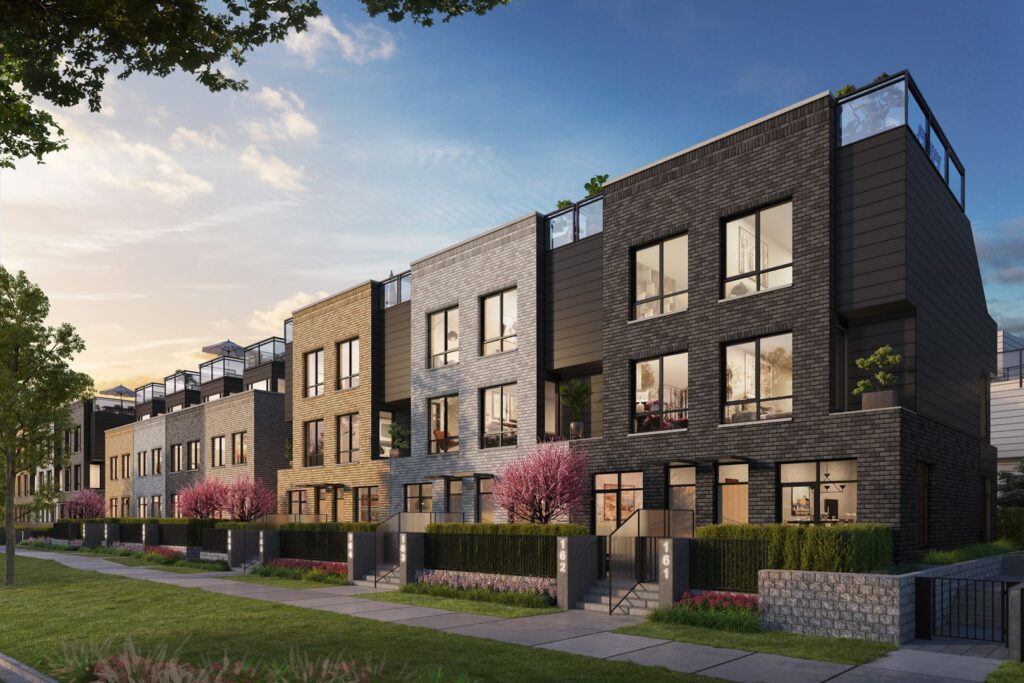 Exterior of Dahlia Townhomes at dusk