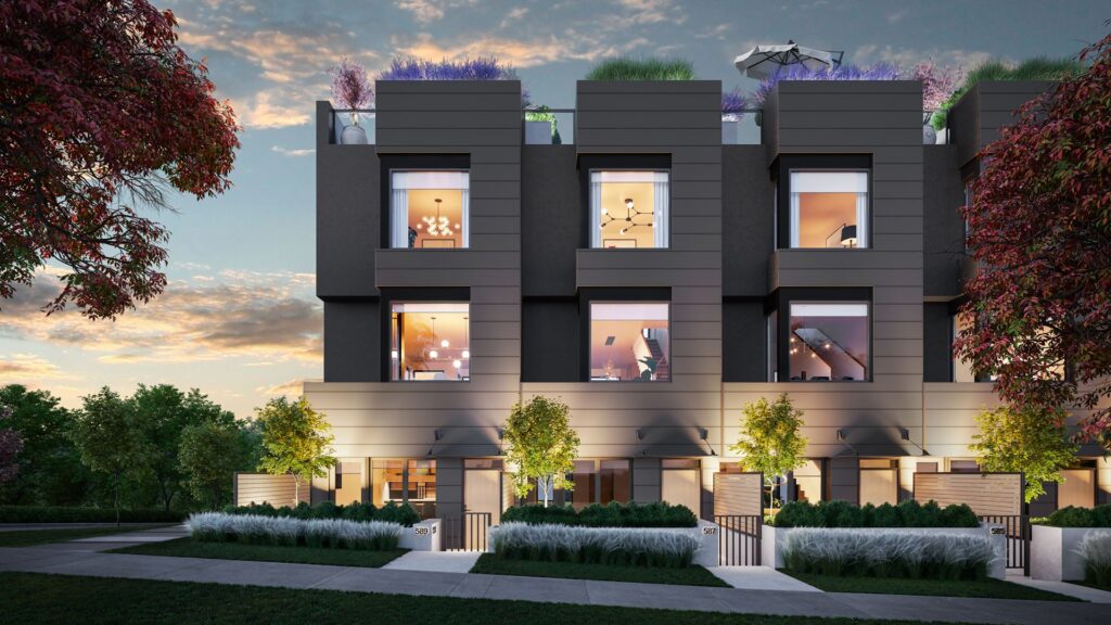 Exterior of Seasons Townhomes at dusk.