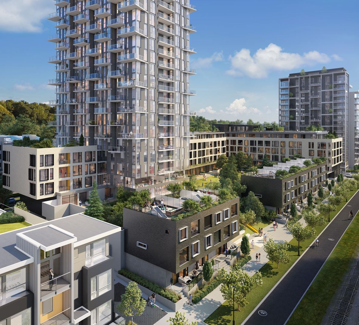 Exterior view of Avalon 3 townhomes and courtyard of the entire development