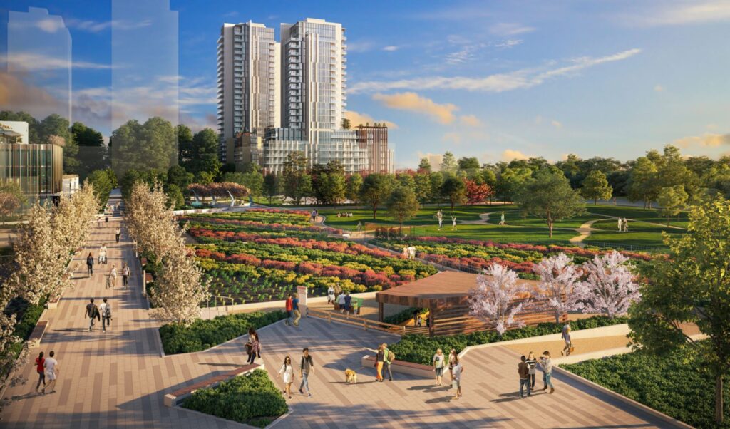 Distant view of Cambie Gardens and surrounding greenery